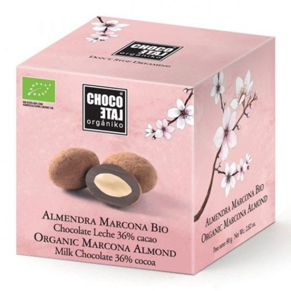 Almendra Marcona Bio con Chocolate con leche 36% de Cacao 80gr. Chocolate Orgániko. 9 Unidades
