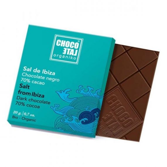 Chocolate Negro 70% Cacao con Flor de Sal de Ibiza 20g. Chocolate Orgániko. 18 Unidades